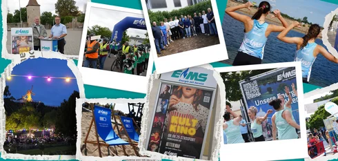 Auf petrolfarbenem Hintergrund liegen in verschiedenen Formen Fotos die verschiedenste Situationen sind, bei denen EMS Engagement zeigte. Beispiel das Plakat des Kult Kinos und die Kulinarischen Nächte