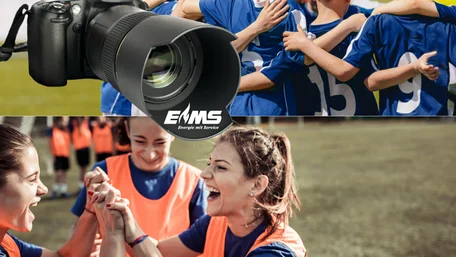 Horizontal geteiltes Bild, in der Mitte eine Kamera mit dem Logo EMS. Im oberen Bild stehen Kinder eingereiht mit dem Rücken zur Kamera mit blauen Fußballtrikots. Im unteren Bild jubeln, sich an den Händen haltend, drei Frauen auf einem Fußballfeld beim Training.
