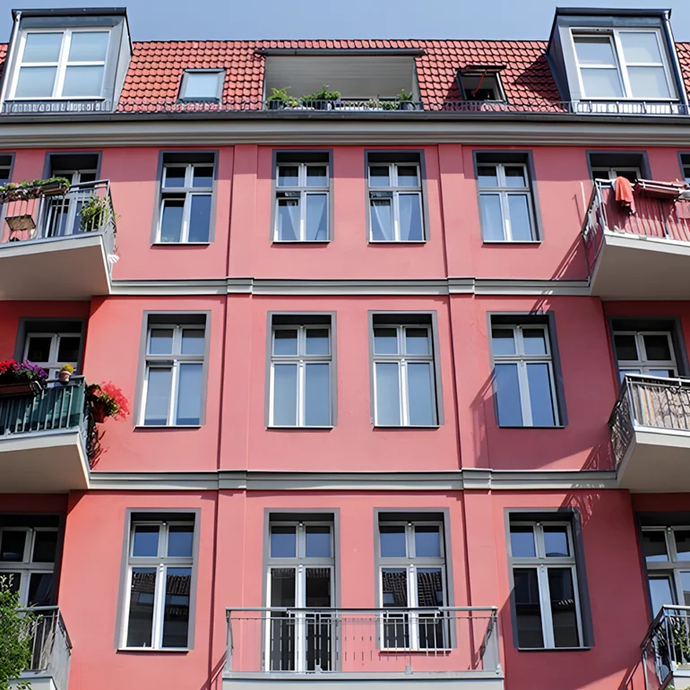 Mehrstöckiges Wohnhaus mit roten Fassaden und mehreren Balkonen, einige mit Pflanzen und Blumen geschmückt