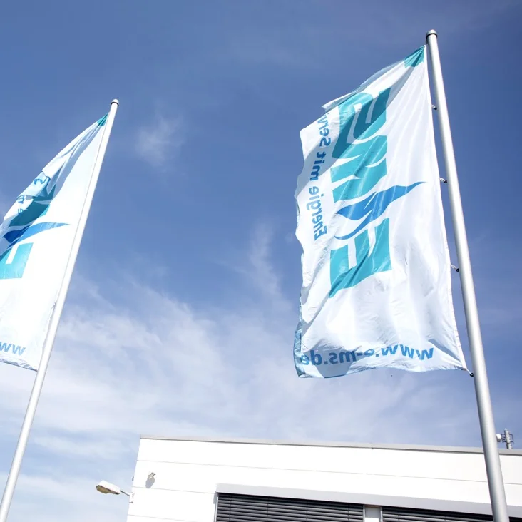 Drei weiße, von unten betrachtete, EMS-gebrandete Flaggen wehen im Wind bei blauem Himmel.